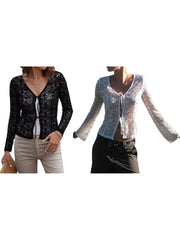 Elegant Lace Trimmed V-Neck Blouse with Tie Front Detail and Long Sleeves - Stylish Women s Shirt for Chic Street Style