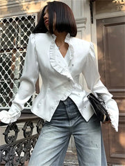 TAIVIMART - White Ruffled Vintage Shirts For Women Patchwork V-Neck Long Sleeve Autumn Elegant Streetwear Female Cardigan Blouses