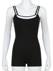 Summer Black Contrast Stitching Fitness Romper For Woman 2024 Sleeveless Backless Skinny Playsuit Street Workout Overalls