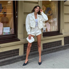 Elegant Tweed Lapel Jacket Shorts Set Women Retro Loose Short Coat Slit Slim Long Skirts Sets Lady New Chic Street Office Outfit