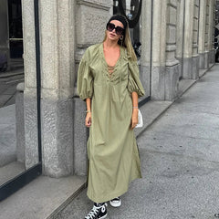 Casual Street Lace Up Long Dresses Women New Chic Loose V-neck Side Slit Solid Dress Female Summer Versatiel Street Party Robes