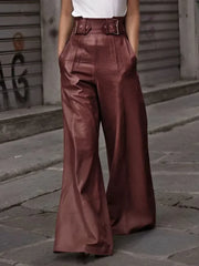 New Autumn Winter Faux PU Pants Women Fashion Casual Solid Color Pleated Pockets High Waisted Wide Leg Trousers