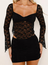 JuliaFashion - Sexy Lace Floral V-neck T-shirts Tops Black Mini Skirts Suits
