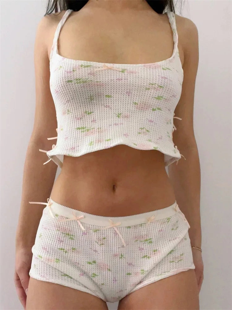 JuliaFashion - Floral Print Bow Sleeveless Tops with Shorts Sleepwear Suits