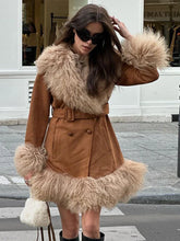 Suede And Fur Luxury Coat Women Plush Double Breasted Chic Turn-down Collar Belts Thick Outerwear Vintage Warm Feather Overcoat
