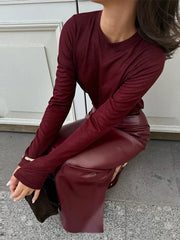 Retro Solid Color Leather Women's Skirt New Fashion Slim Fit Casual Long Skirts Autumn Elegant Vintage Split Skirt for Women