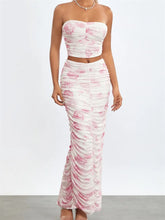 JuliaFashion - Floral Print Strapless Off Shoulder Tops Ruched Long Skirts Suits