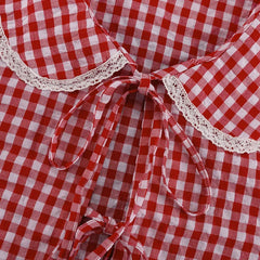 Red Plaid Wide Leg Pants Sets Women Long Sleeve Lace-up Blouse+Elastic Waist Trouser Chic Casual Lace Trim 2 Piece Set 2025 New