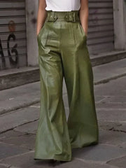 New Autumn Winter Faux PU Pants Women Fashion Casual Solid Color Pleated Pockets High Waisted Wide Leg Trousers