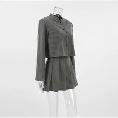 Women Striped Skirt Set Stand Collar Single Breasted Top High Waist Pleated Skirts 2024 Summer Fall New Fashion Lady Office Suit