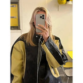 Vintage Patchwork Women's Leather Jacket Loose O-neck Long Sleeve Zipper Moto Biker Coats Autumn Lady Contrast Outwear Y2K