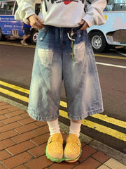 Women's Gradient Broken Hole Wide Leg Blue Denim Shorts Unisex Style Capris Summer Female High Waist Loose Knee Length Jeans