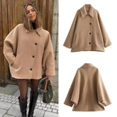 Diagonal Breasted Warm Loose Jacket Women Lapel Double Pocket Batwing Sleeve Solid Coats Winter Female Chic Vintage Outwear