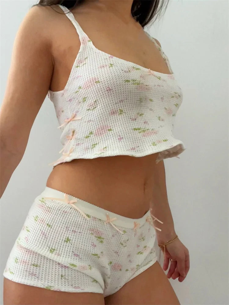 JuliaFashion - Floral Print Bow Sleeveless Tops with Shorts Sleepwear Suits