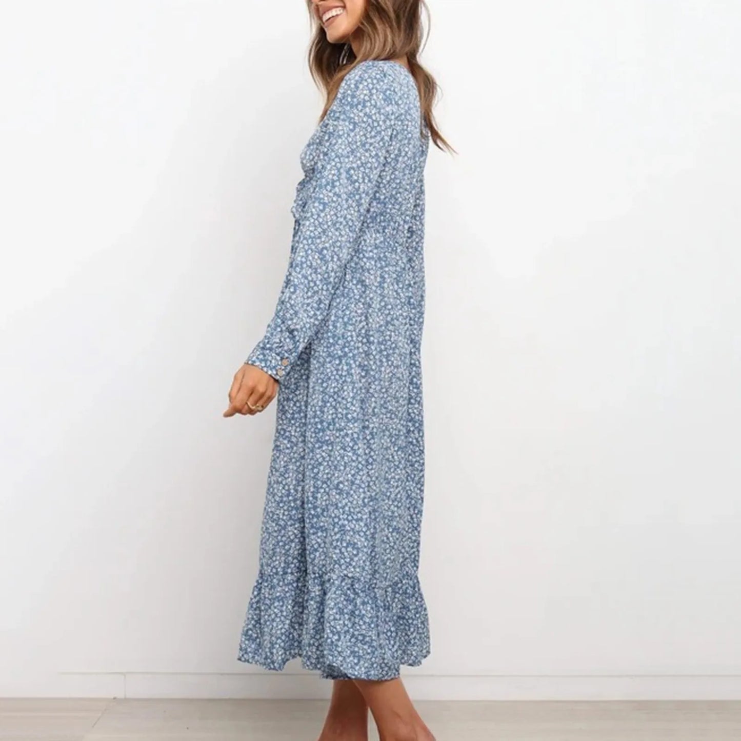 JuliaFashion - Sexy Deep V-Neck Floral Printed Long Sleeve Women's Ruffles High Elastic Waist Women Plus Size Summer Dress