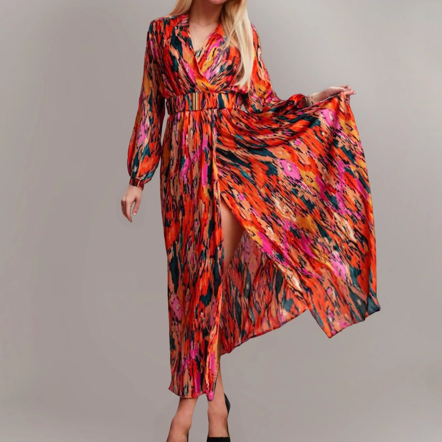 JuliaFashion - Sexy Deep V Neck Print Sashes Women Elegant Long Sleeve Slim Party 2024 Spring Autumn High Slit Vestidos Dress