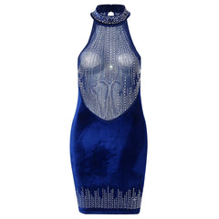 JuliaFashion - Sexy Mesh Splicing Velvet Sleeveless High Neck Hip Wrap Nightclub Cocktail Summer Halter Dress