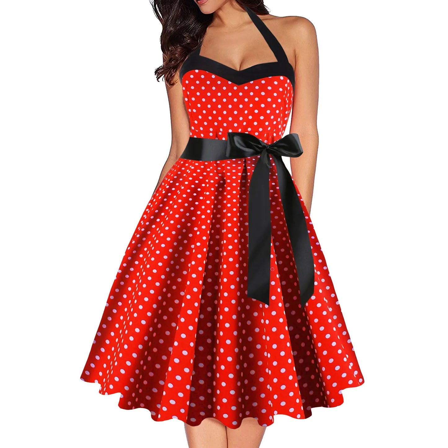 JuliaFashion - Sexy Retro Polka Dot For Women Audrey Hepburn Vintage Halter 50s 60s Gothic Pin Up Rockabilly Lace Up Robe Dress
