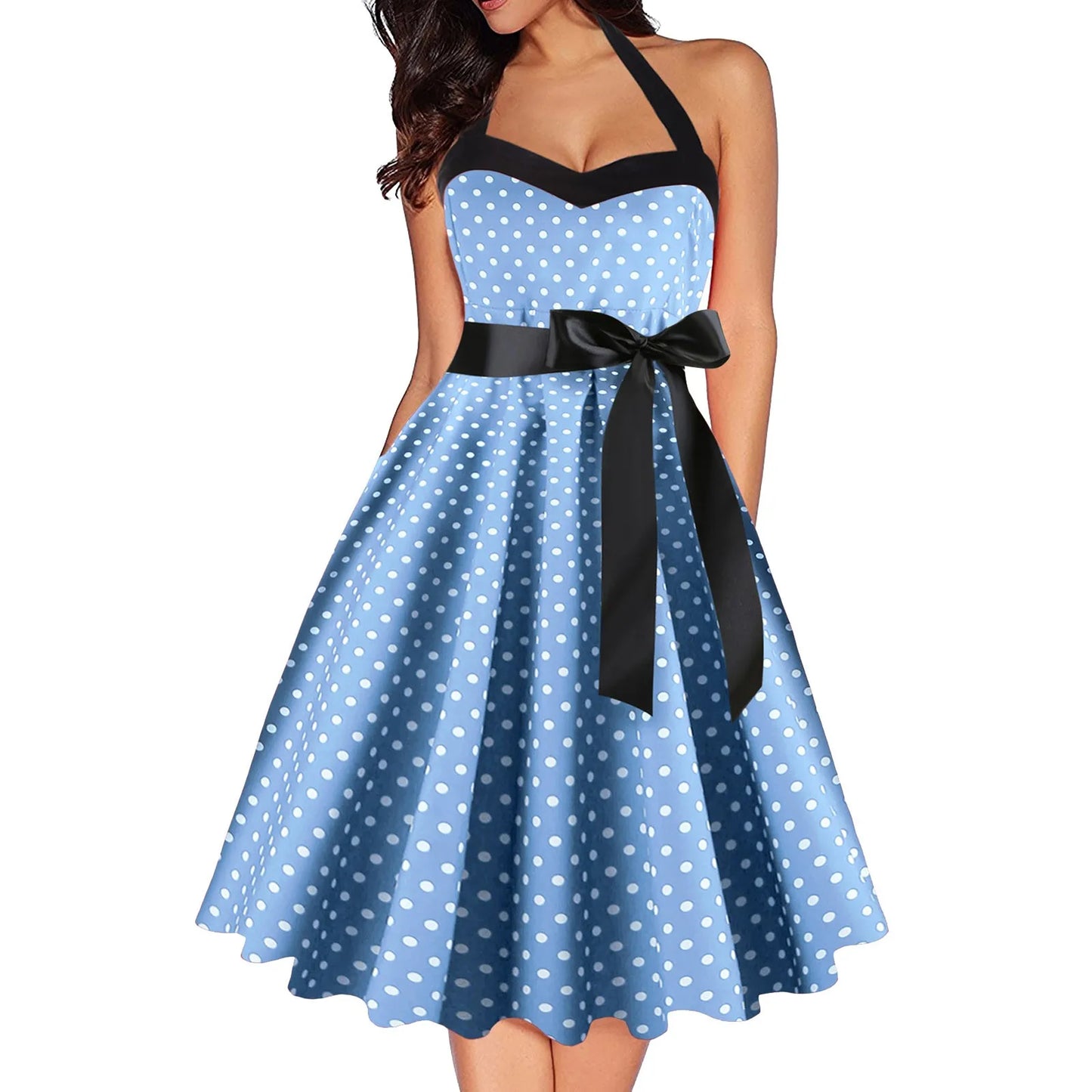 JuliaFashion - Sexy Retro Polka Dot For Women Audrey Hepburn Vintage Halter 50s 60s Gothic Pin Up Rockabilly Lace Up Robe Dress