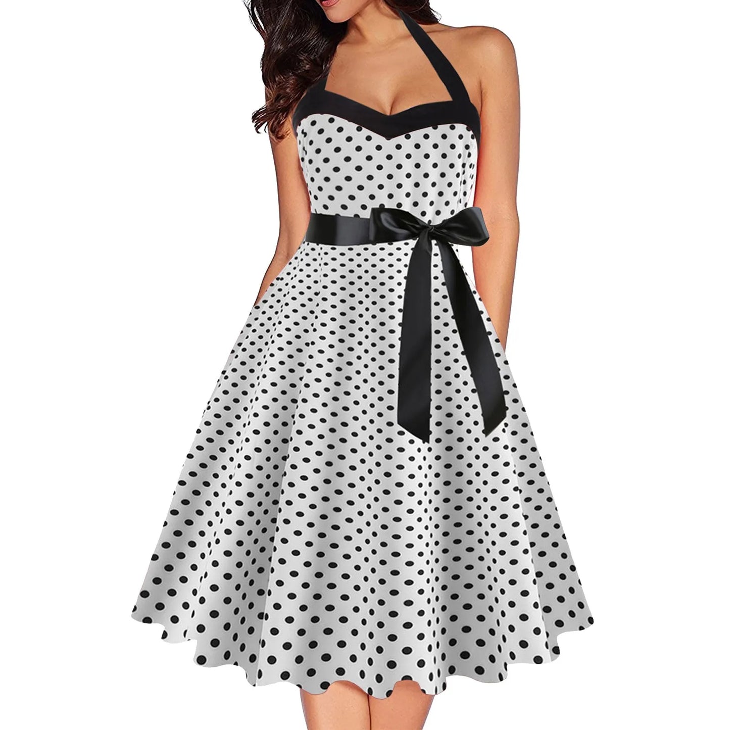 JuliaFashion - Sexy Retro Polka Dot For Women Audrey Hepburn Vintage Halter 50s 60s Gothic Pin Up Rockabilly Lace Up Robe Dress