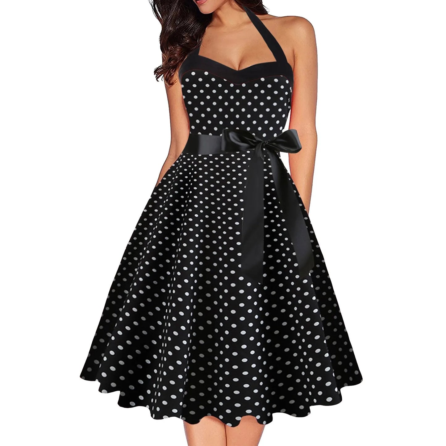 JuliaFashion - Sexy Retro Polka Dot For Women Audrey Hepburn Vintage Halter 50s 60s Gothic Pin Up Rockabilly Lace Up Robe Dress