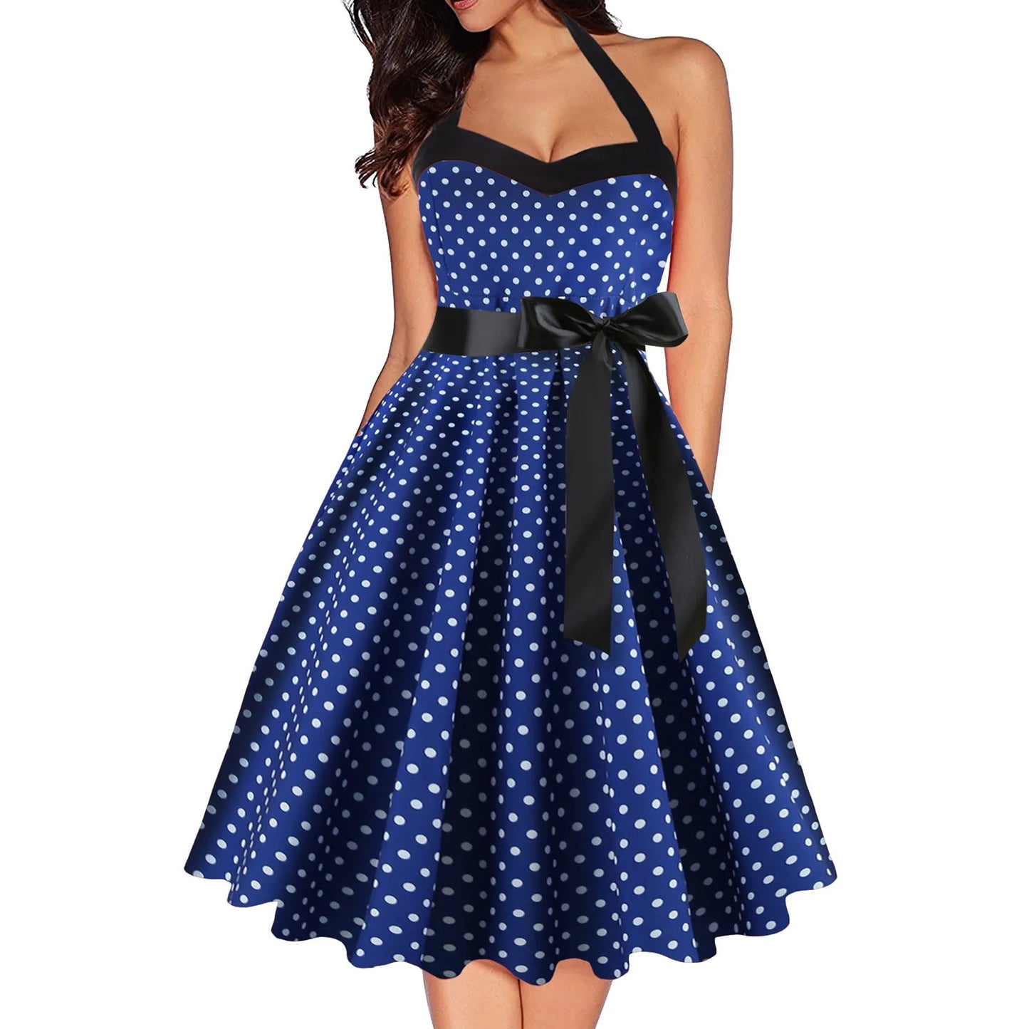 JuliaFashion - Sexy Retro Polka Dot For Women Audrey Hepburn Vintage Halter 50s 60s Gothic Pin Up Rockabilly Lace Up Robe Dress