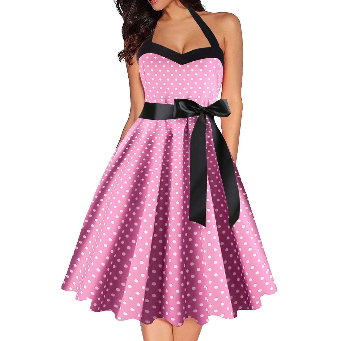JuliaFashion - Sexy Retro Polka Dot For Women Audrey Hepburn Vintage Halter 50s 60s Gothic Pin Up Rockabilly Lace Up Robe Dress