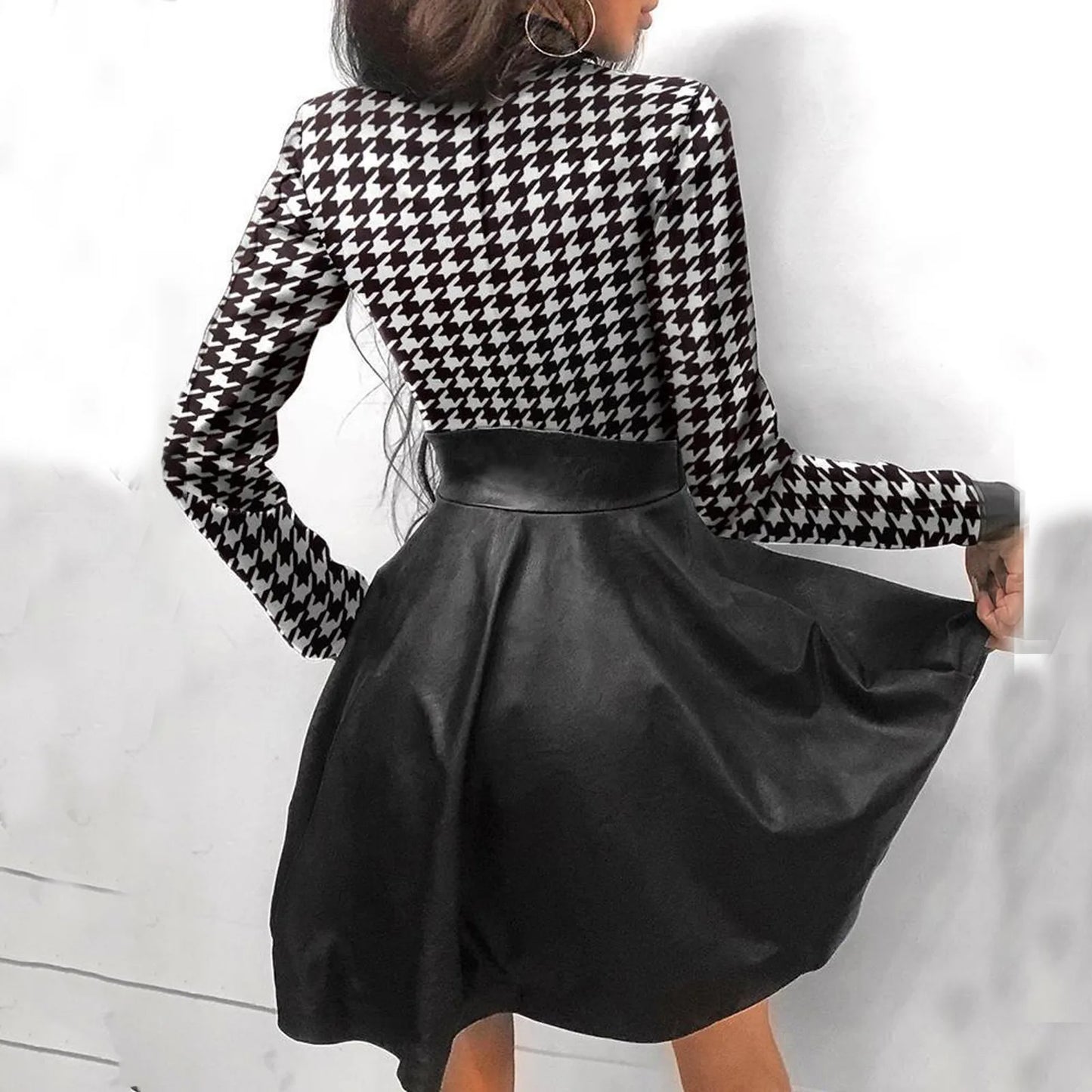 JuliaFashion - Sexy Stand Collar Print Zipper Long Sleeves Mini Casual Autumn Spring Fashion Pocket Leather Elegant Slim Dress