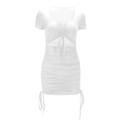 JuliaFashion - Sexy V Neck Cut Out Bodycon Fashion Outfits Night Club Party Y2K Sexy Ruched Drawstring Pencil Summer Women Dress