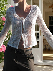 Elegant Lace Trimmed V-Neck Blouse with Tie Front Detail and Long Sleeves - Stylish Women s Shirt for Chic Street Style