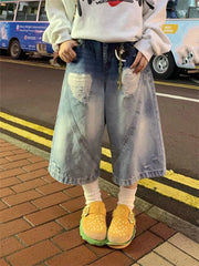 Women's Gradient Broken Hole Wide Leg Blue Denim Shorts Unisex Style Capris Summer Female High Waist Loose Knee Length Jeans