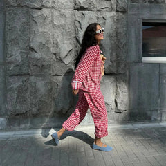 Red Plaid Wide Leg Pants Sets Women Long Sleeve Lace-up Blouse+Elastic Waist Trouser Chic Casual Lace Trim 2 Piece Set 2025 New