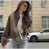 Vintage Solid Lapel Short Jacket Women Loose Long Sleeve Zipper Crop Coats Autumn New Lady Casual High Street Outwears
