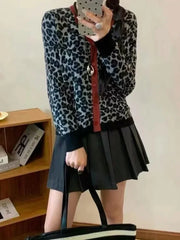 Knitted Sweaters for Women Fashion Vintage Long Sleeve Jumpers New Autumn Winter Leopard Loose Single Breasted Cardigan