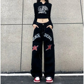 Wide Leg Stars Letter Print Jeans Pants Black / S (40-48KG)