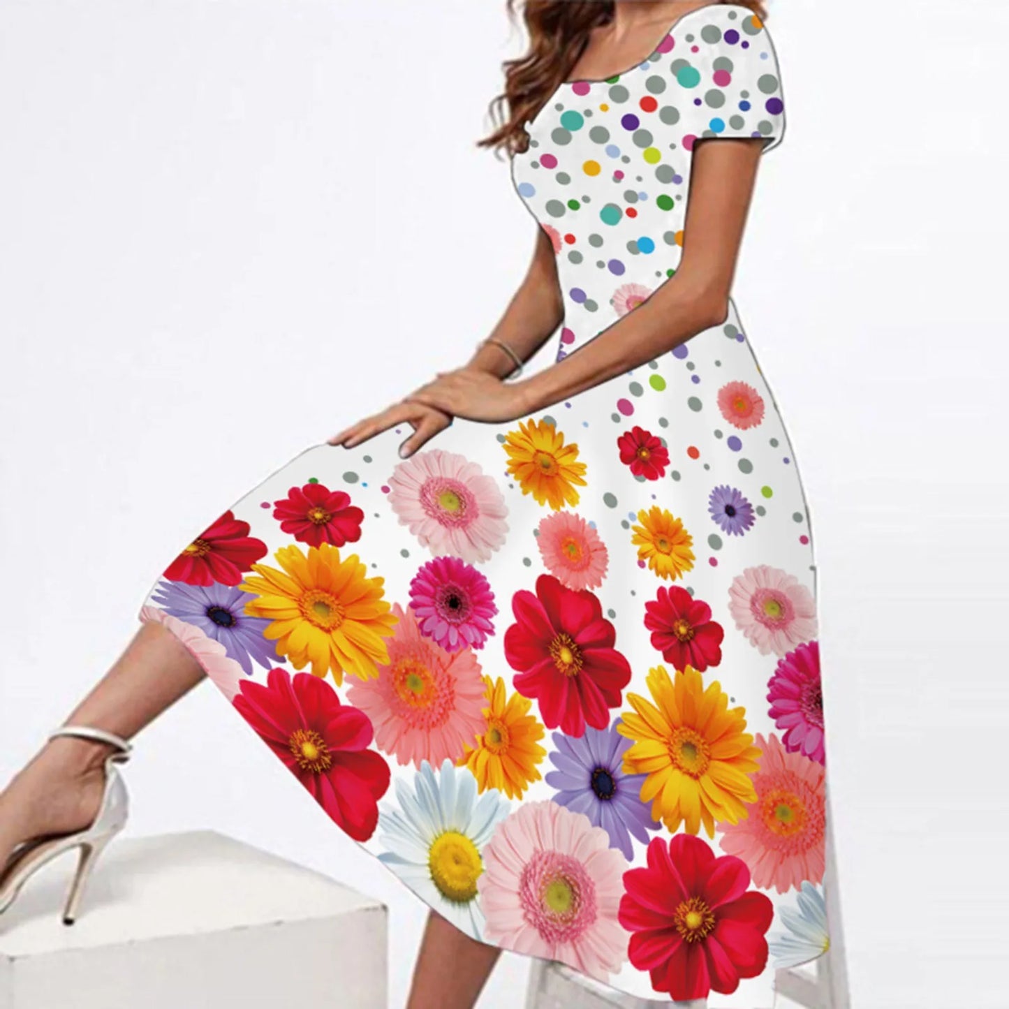 JuliaFashion - Summer Casual Crew Neck Loose Women Short Sleeve Floral Printed Boho Beach Long SunVintage Ladies Long Loose Dress