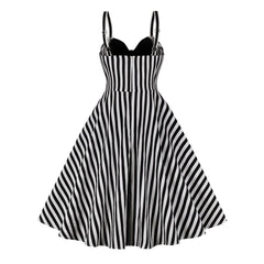 JuliaFashion - Summer Rockabilly 2024 Vintage Elegant Spaghetti Strap Bow Striped Printed Casual Party Pin Up Skater Swing Dress