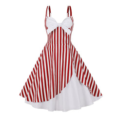 JuliaFashion - Summer Rockabilly 2024 Vintage Elegant Spaghetti Strap Bow Striped Printed Casual Party Pin Up Skater Swing Dress
