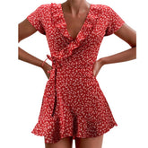 Julia Fashion - Women’s Floral A-Line Dress V-neck Bandage Short Chic Mini Dress