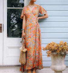 Cotton Orange Floral Boho Dress bohodress-250126