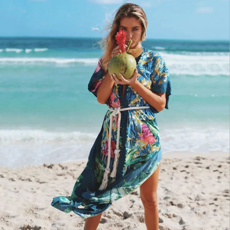 Sexy Side Split Beach Kaftan Tunic Boho Floral Print Summer Dress foral pirnt / One Size bohodress-250126