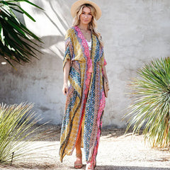 Tassel Lace-up Kimono Cotton Printed Bikini Cover up floral print / One Size bohocoverup-250126