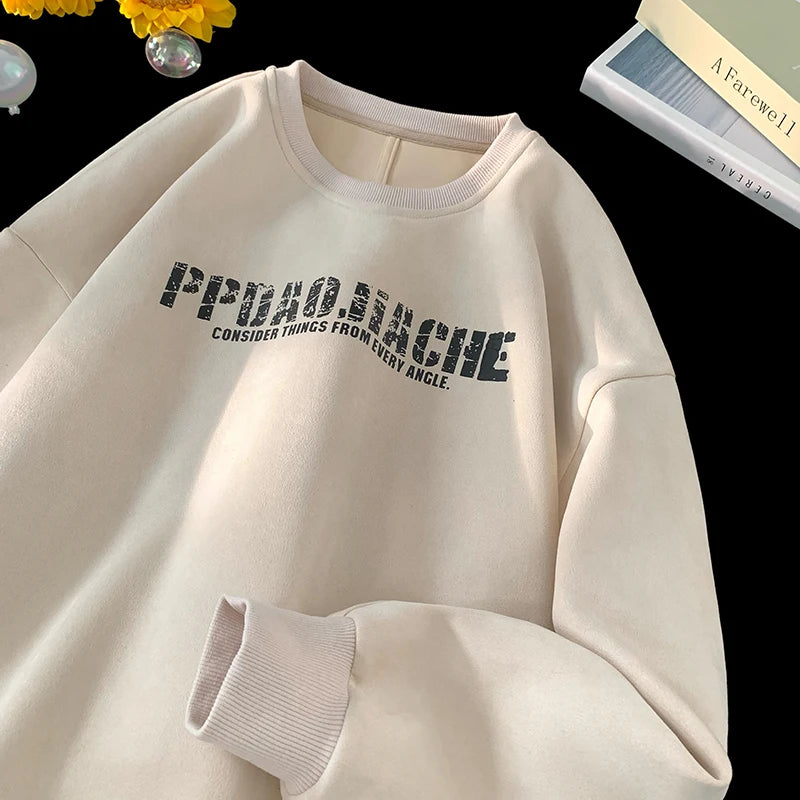 Trendy Oversized Suede Stylish Letter Print Sweatshirt