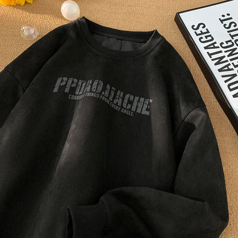 Trendy Oversized Suede Stylish Letter Print Sweatshirt