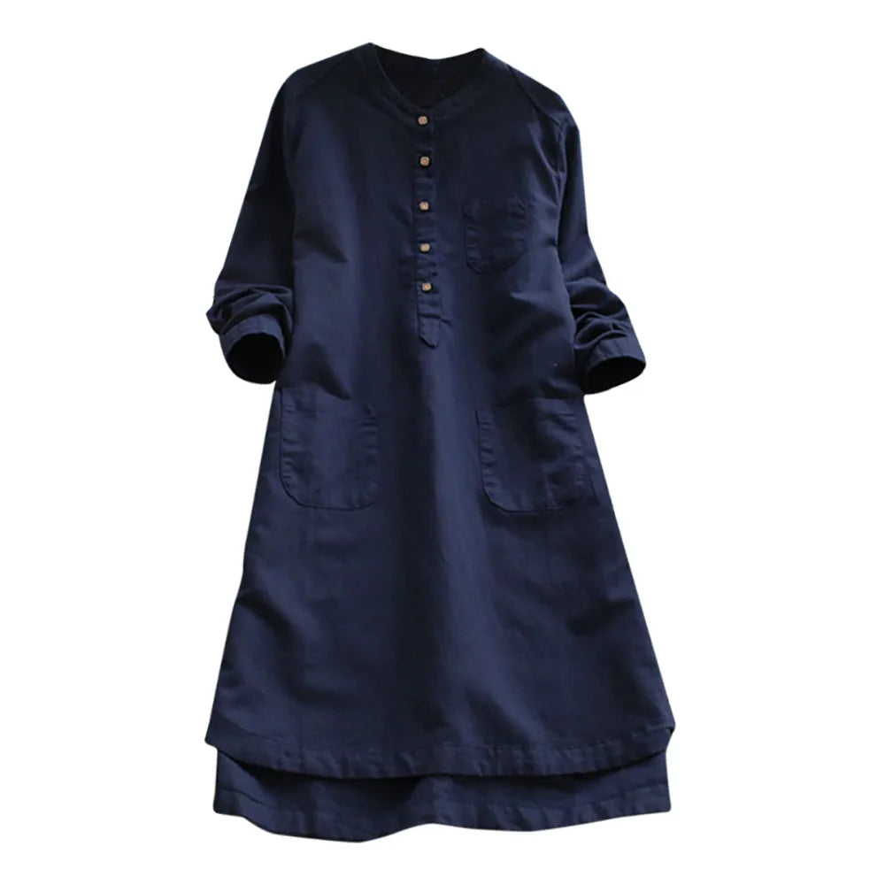 JuliaFashion - Tunic Shirt 2024 Spring Women Long Sleeve Botton Pocket Long Female Casual Solid Linen Cotton Retro Vestidos Dress
