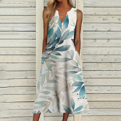 JuliaFashion - Vintage 3D Printed 2024 Casual Loose V Neck Sleeveless Button Flower Printed Pocket Beach Summer Woman Dress