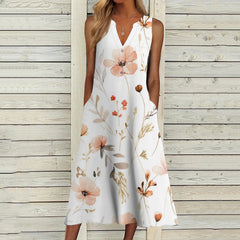 JuliaFashion - Vintage 3D Printed 2024 Casual Loose V Neck Sleeveless Button Flower Printed Pocket Beach Summer Woman Dress