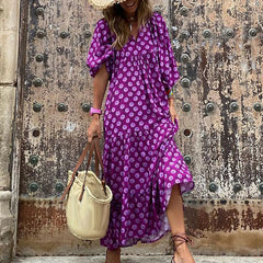 JuliaFashion - Vintage Bohemian Summer Geometric Printed Bubble Sleeved Street Oversized Casual Women's Clothing Dress