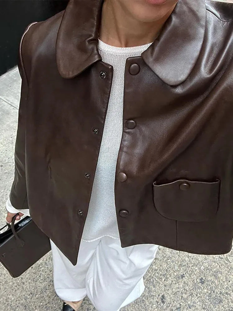 Vintage Casual Fashion Chic Stylish Brown Leather Jacket