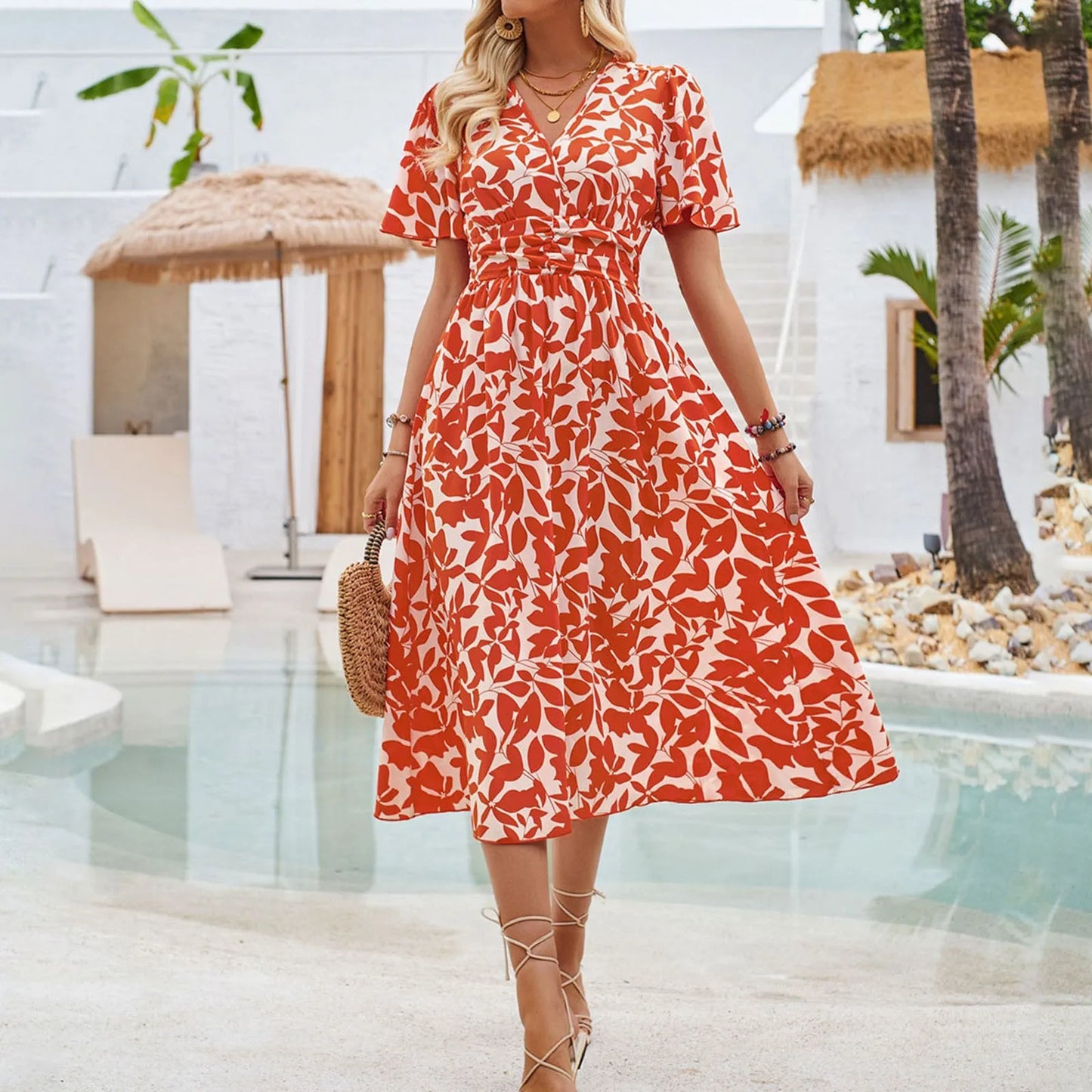JuliaFashion - Vintage Floral Print Women Maxi Fashion V-Neck Short Sleeve Party Beach Holiday High Waist Summer Casual Dress
